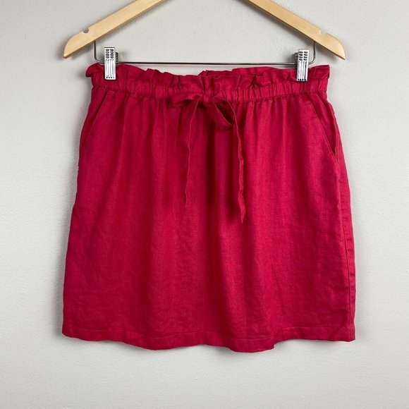 St. Tropez Skirt M Pink 100% Linen Paperbag Elastic Tie Waist Above Knee Pockets - Picture 1 of 9